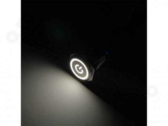 Push button (on/off) metal IP65 waterproof round 16mm white with power symb